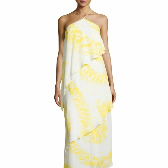Halston Heritage Pure Silk Tiered Halter Maxi Dress in Yellow Ivory S - Picture 3 of 13